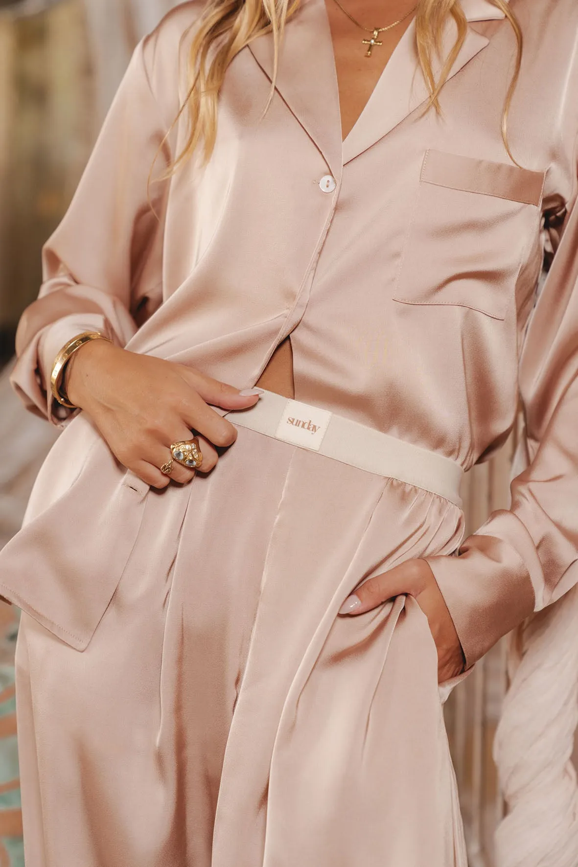 Sunday by GG X HA Luxury Satin Long Sleeve Top & Pleated Trouser Pyjama Set - French Taupe