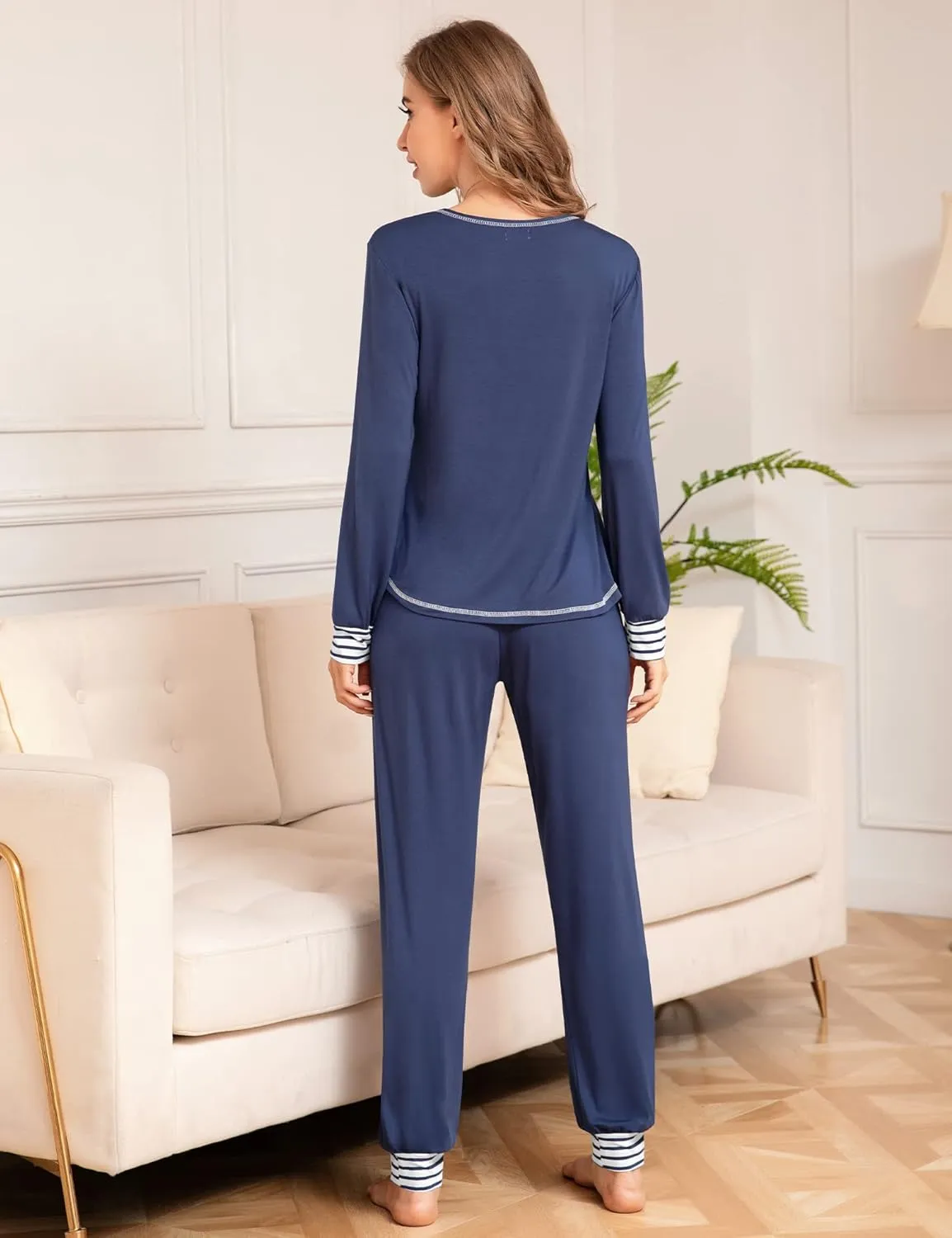 SWOMOG Pajamas Set Womens Long Sleeve Sleepwear Soft Modal Classic Loungewear Pj Set