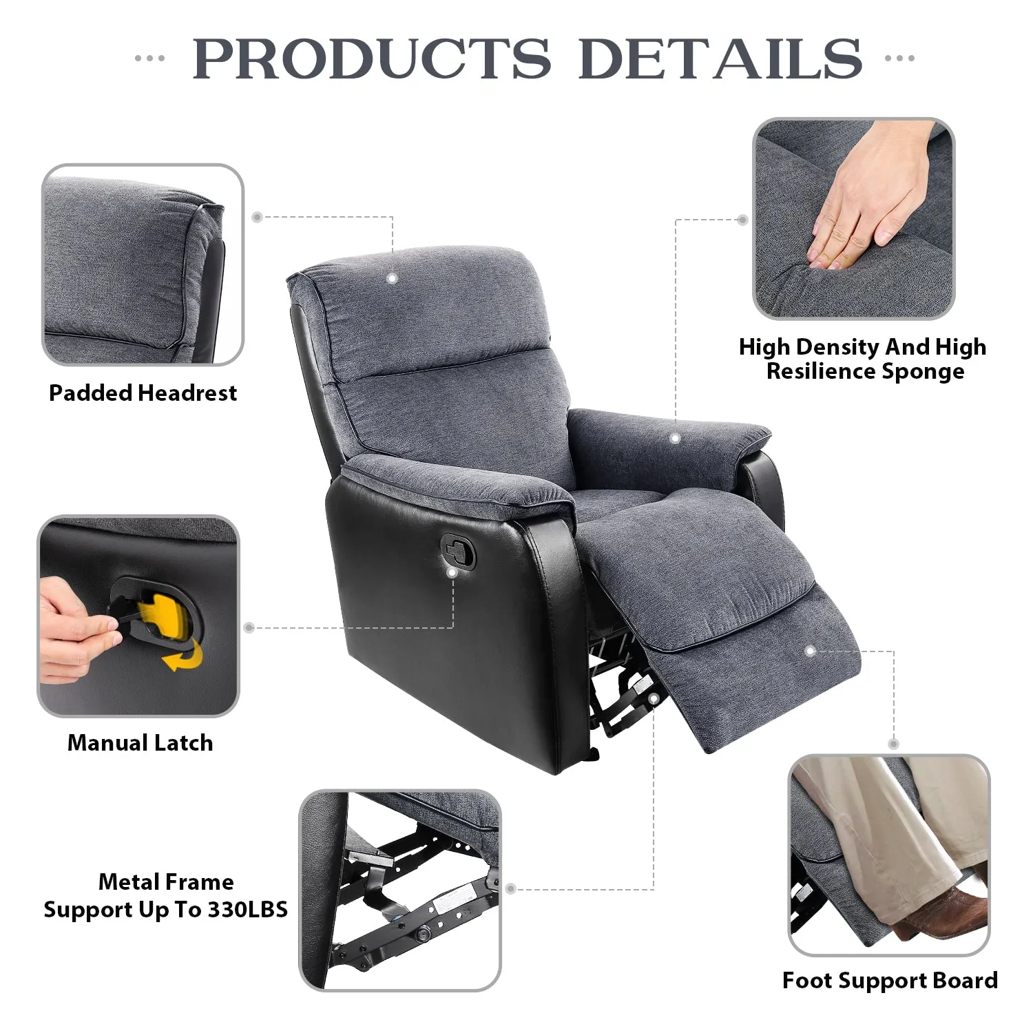 TACKspace Flannel Rocker Recliner with One-Pull Recline & 360lb Weight Rating