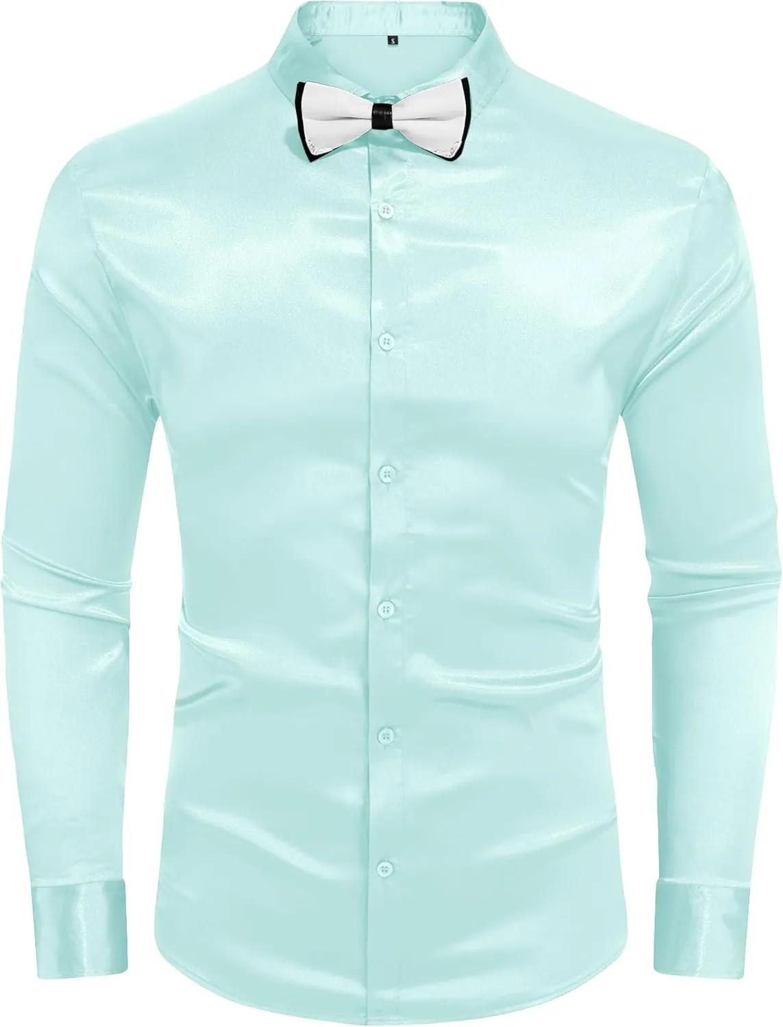 URRU Men's Luxury Shiny Silk Like Satin Dress Shirt Long Sleeve Casual Slim Fit Muscle Button Up Shirts
