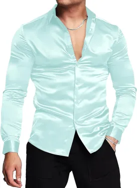 URRU Men's Luxury Shiny Silk Like Satin Dress Shirt Long Sleeve Casual Slim Fit Muscle Button Up Shirts