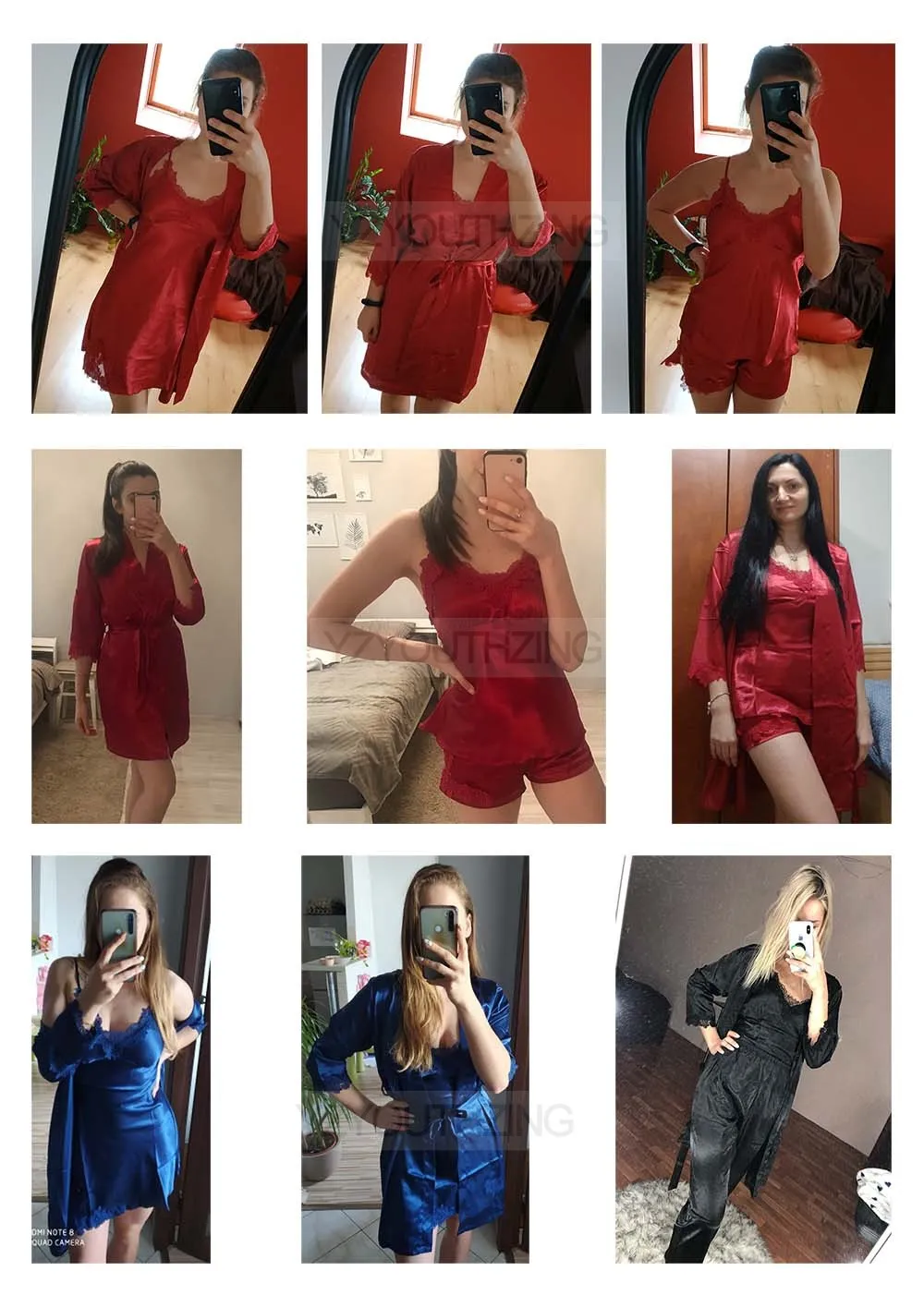 VenusFox Pajama Set Women Lace Trim Satin Sleepwear Pour Femme Summer Nightwear With Pants Casual Home Wear Kimono Robe Gown