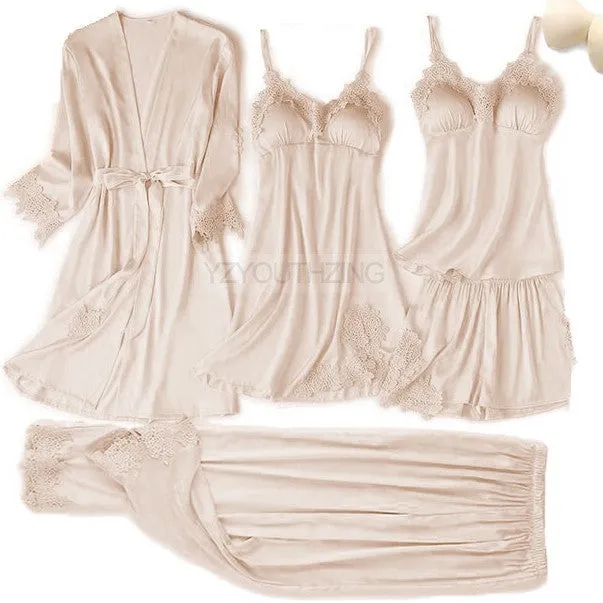 VenusFox Pajama Set Women Lace Trim Satin Sleepwear Pour Femme Summer Nightwear With Pants Casual Home Wear Kimono Robe Gown