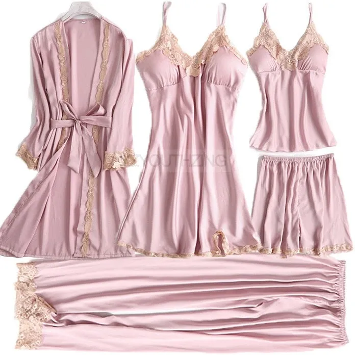 VenusFox Pajama Set Women Lace Trim Satin Sleepwear Pour Femme Summer Nightwear With Pants Casual Home Wear Kimono Robe Gown
