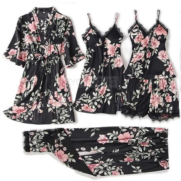VenusFox Pajama Set Women Lace Trim Satin Sleepwear Pour Femme Summer Nightwear With Pants Casual Home Wear Kimono Robe Gown