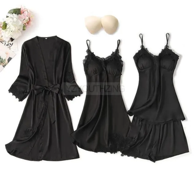VenusFox Pajama Set Women Lace Trim Satin Sleepwear Pour Femme Summer Nightwear With Pants Casual Home Wear Kimono Robe Gown