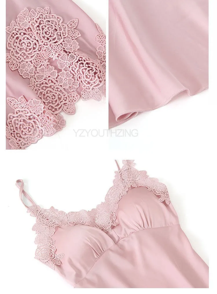 VenusFox Pajama Set Women Lace Trim Satin Sleepwear Pour Femme Summer Nightwear With Pants Casual Home Wear Kimono Robe Gown