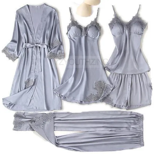 VenusFox Pajama Set Women Lace Trim Satin Sleepwear Pour Femme Summer Nightwear With Pants Casual Home Wear Kimono Robe Gown