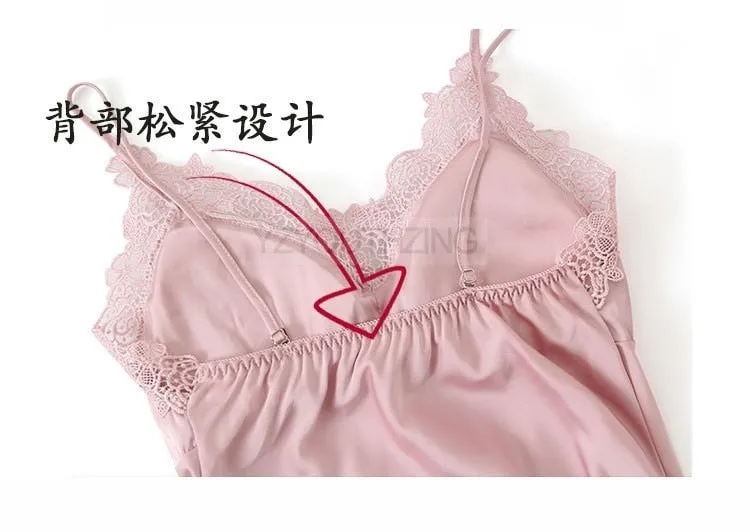 VenusFox Pajama Set Women Lace Trim Satin Sleepwear Pour Femme Summer Nightwear With Pants Casual Home Wear Kimono Robe Gown
