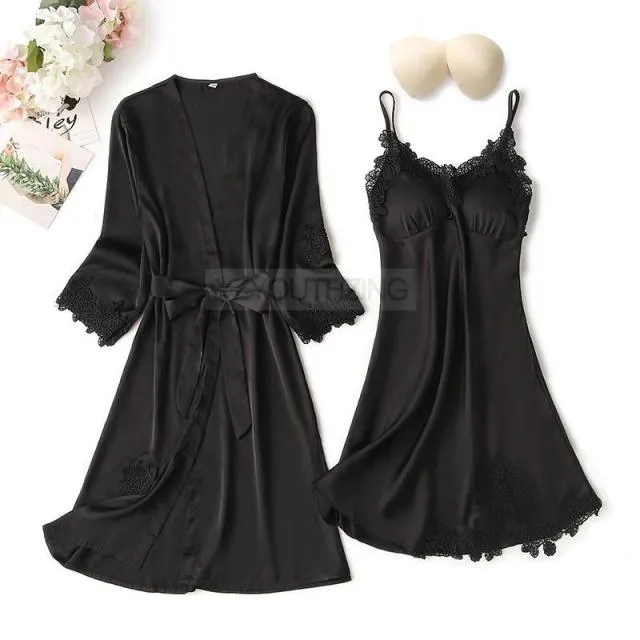 VenusFox Pajama Set Women Lace Trim Satin Sleepwear Pour Femme Summer Nightwear With Pants Casual Home Wear Kimono Robe Gown