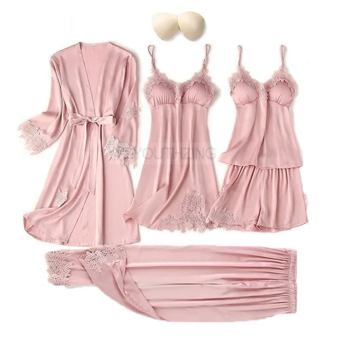 VenusFox Pajama Set Women Lace Trim Satin Sleepwear Pour Femme Summer Nightwear With Pants Casual Home Wear Kimono Robe Gown
