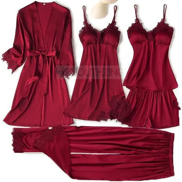 VenusFox Pajama Set Women Lace Trim Satin Sleepwear Pour Femme Summer Nightwear With Pants Casual Home Wear Kimono Robe Gown