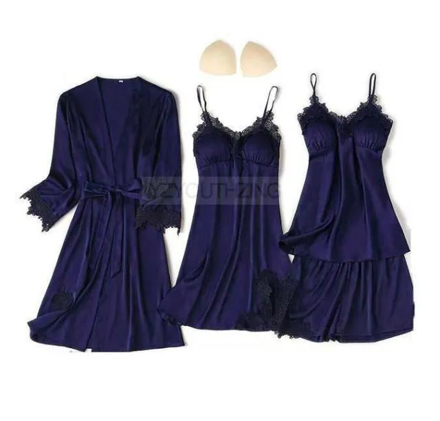 VenusFox Pajama Set Women Lace Trim Satin Sleepwear Pour Femme Summer Nightwear With Pants Casual Home Wear Kimono Robe Gown