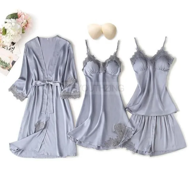 VenusFox Pajama Set Women Lace Trim Satin Sleepwear Pour Femme Summer Nightwear With Pants Casual Home Wear Kimono Robe Gown