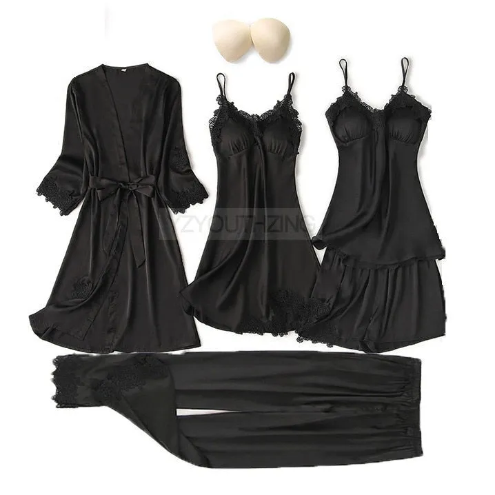 VenusFox Pajama Set Women Lace Trim Satin Sleepwear Pour Femme Summer Nightwear With Pants Casual Home Wear Kimono Robe Gown