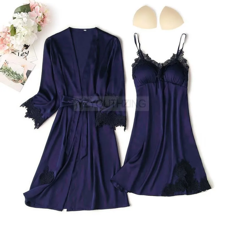 VenusFox Pajama Set Women Lace Trim Satin Sleepwear Pour Femme Summer Nightwear With Pants Casual Home Wear Kimono Robe Gown