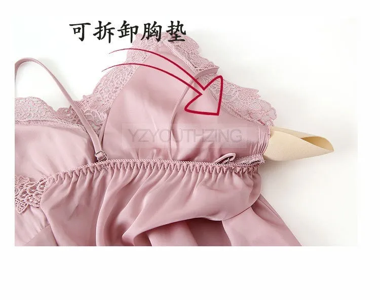 VenusFox Pajama Set Women Lace Trim Satin Sleepwear Pour Femme Summer Nightwear With Pants Casual Home Wear Kimono Robe Gown