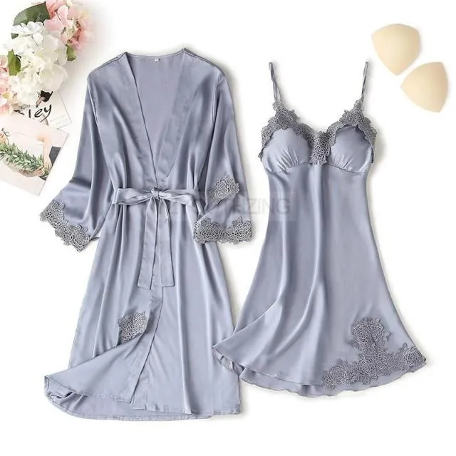 VenusFox Pajama Set Women Lace Trim Satin Sleepwear Pour Femme Summer Nightwear With Pants Casual Home Wear Kimono Robe Gown