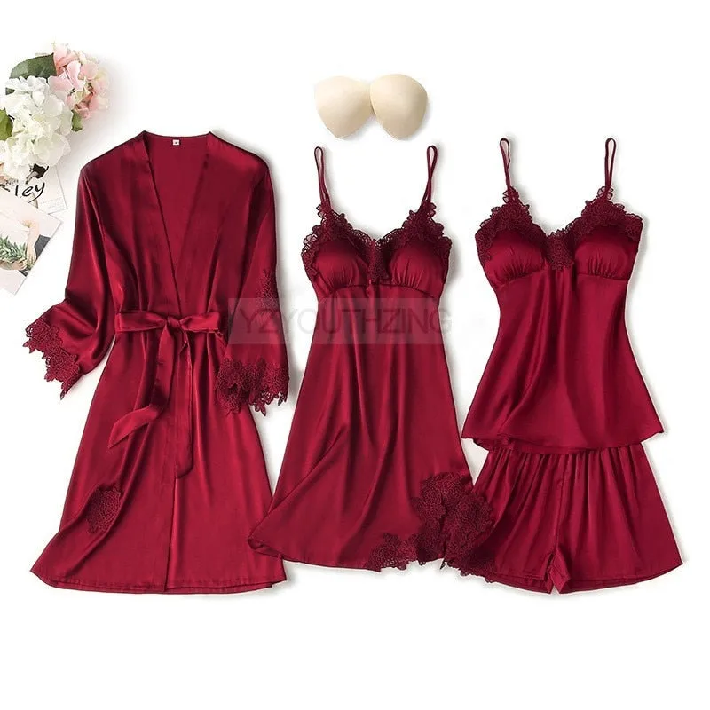 VenusFox Pajama Set Women Lace Trim Satin Sleepwear Pour Femme Summer Nightwear With Pants Casual Home Wear Kimono Robe Gown