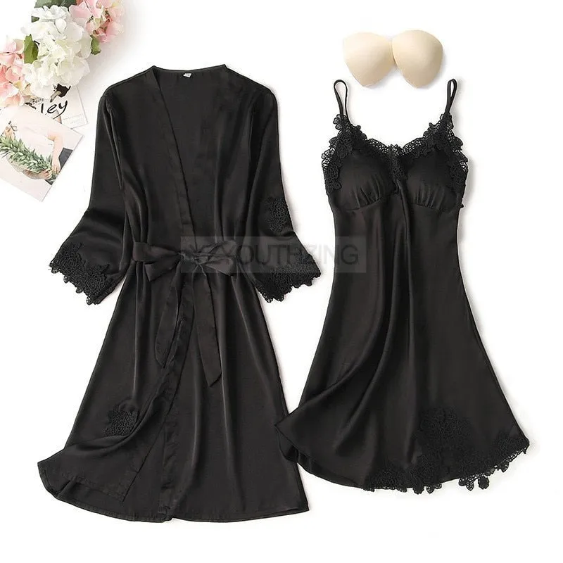 VenusFox Pajama Set Women Lace Trim Satin Sleepwear Pour Femme Summer Nightwear With Pants Casual Home Wear Kimono Robe Gown
