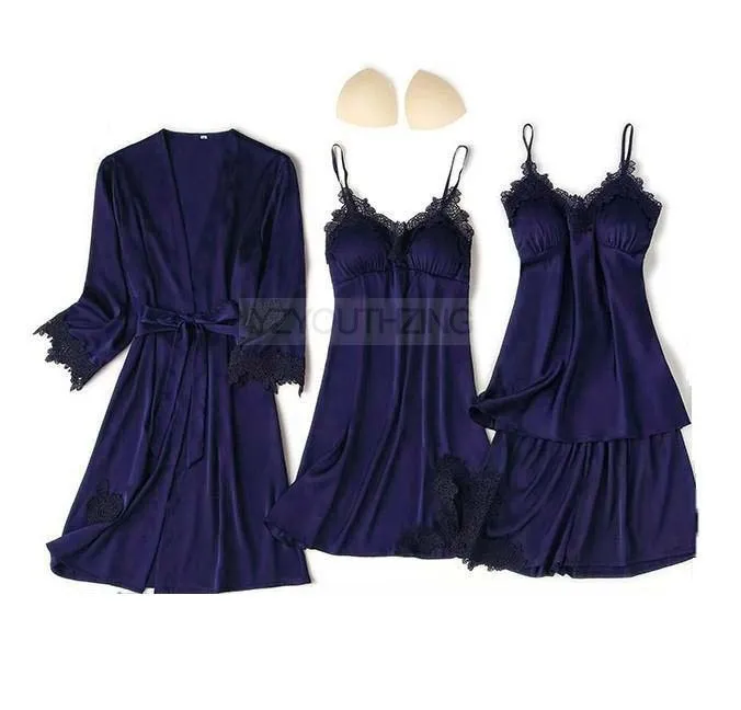 VenusFox Pajama Set Women Lace Trim Satin Sleepwear Pour Femme Summer Nightwear With Pants Casual Home Wear Kimono Robe Gown