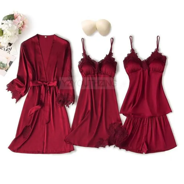 VenusFox Pajama Set Women Lace Trim Satin Sleepwear Pour Femme Summer Nightwear With Pants Casual Home Wear Kimono Robe Gown