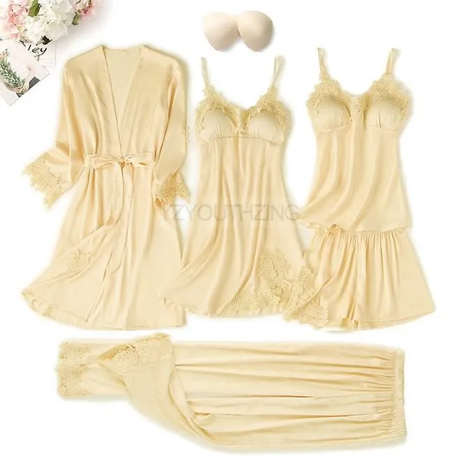 VenusFox Pajama Set Women Lace Trim Satin Sleepwear Pour Femme Summer Nightwear With Pants Casual Home Wear Kimono Robe Gown