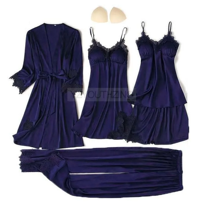 VenusFox Pajama Set Women Lace Trim Satin Sleepwear Pour Femme Summer Nightwear With Pants Casual Home Wear Kimono Robe Gown
