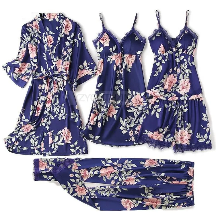 VenusFox Pajama Set Women Lace Trim Satin Sleepwear Pour Femme Summer Nightwear With Pants Casual Home Wear Kimono Robe Gown