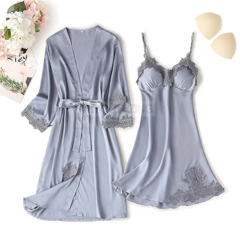 VenusFox Pajama Set Women Lace Trim Satin Sleepwear Pour Femme Summer Nightwear With Pants Casual Home Wear Kimono Robe Gown