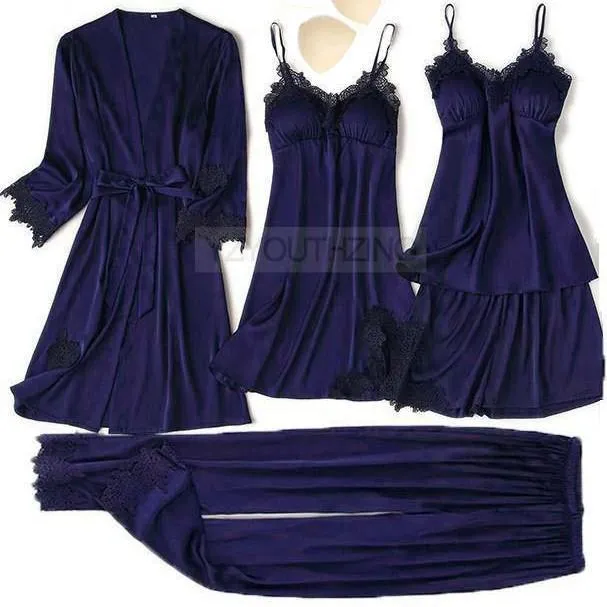 VenusFox Pajama Set Women Lace Trim Satin Sleepwear Pour Femme Summer Nightwear With Pants Casual Home Wear Kimono Robe Gown