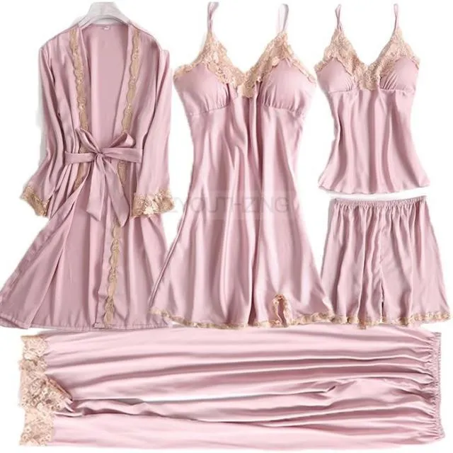 VenusFox Pajama Set Women Lace Trim Satin Sleepwear Pour Femme Summer Nightwear With Pants Casual Home Wear Kimono Robe Gown
