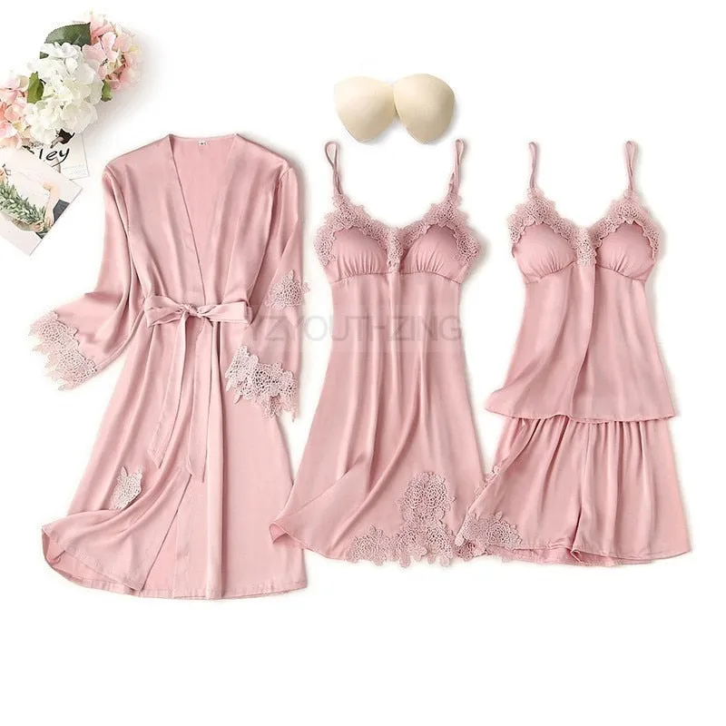 VenusFox Pajama Set Women Lace Trim Satin Sleepwear Pour Femme Summer Nightwear With Pants Casual Home Wear Kimono Robe Gown
