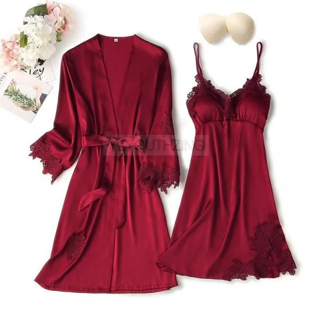 VenusFox Pajama Set Women Lace Trim Satin Sleepwear Pour Femme Summer Nightwear With Pants Casual Home Wear Kimono Robe Gown