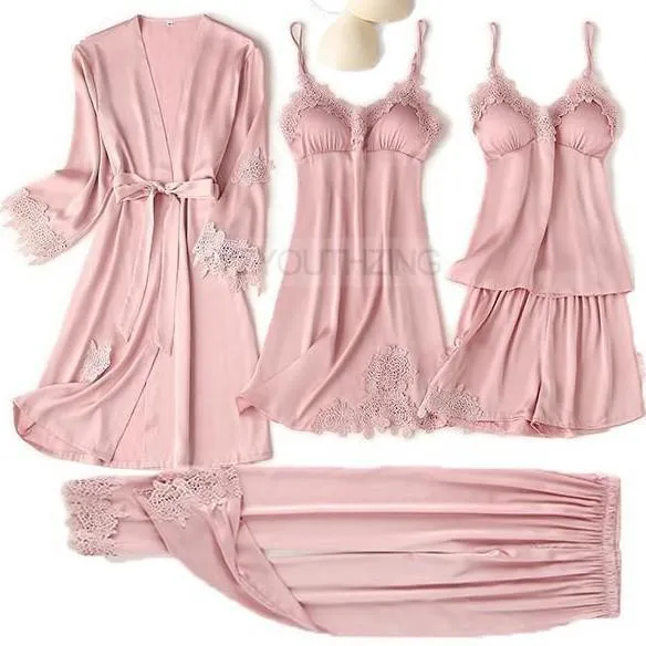 VenusFox Pajama Set Women Lace Trim Satin Sleepwear Pour Femme Summer Nightwear With Pants Casual Home Wear Kimono Robe Gown