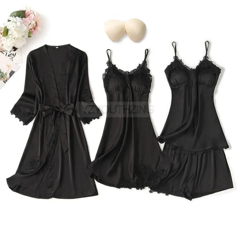 VenusFox Pajama Set Women Lace Trim Satin Sleepwear Pour Femme Summer Nightwear With Pants Casual Home Wear Kimono Robe Gown