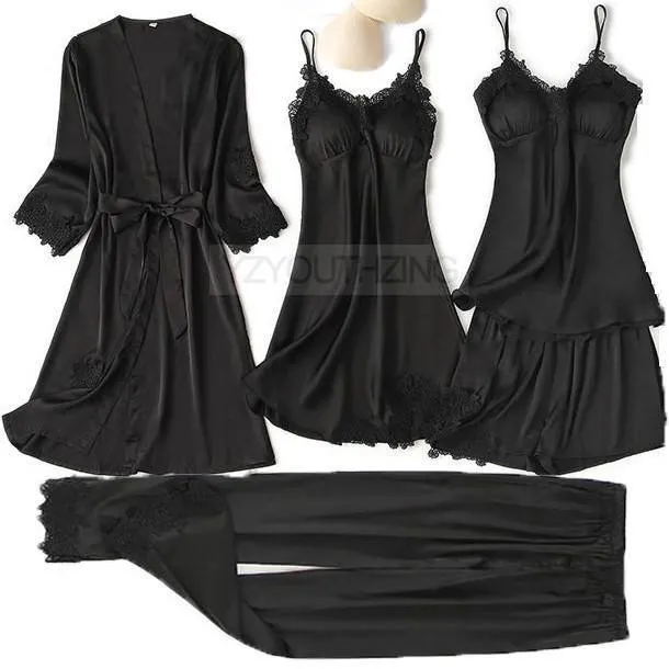 VenusFox Pajama Set Women Lace Trim Satin Sleepwear Pour Femme Summer Nightwear With Pants Casual Home Wear Kimono Robe Gown