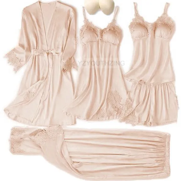 VenusFox Pajama Set Women Lace Trim Satin Sleepwear Pour Femme Summer Nightwear With Pants Casual Home Wear Kimono Robe Gown