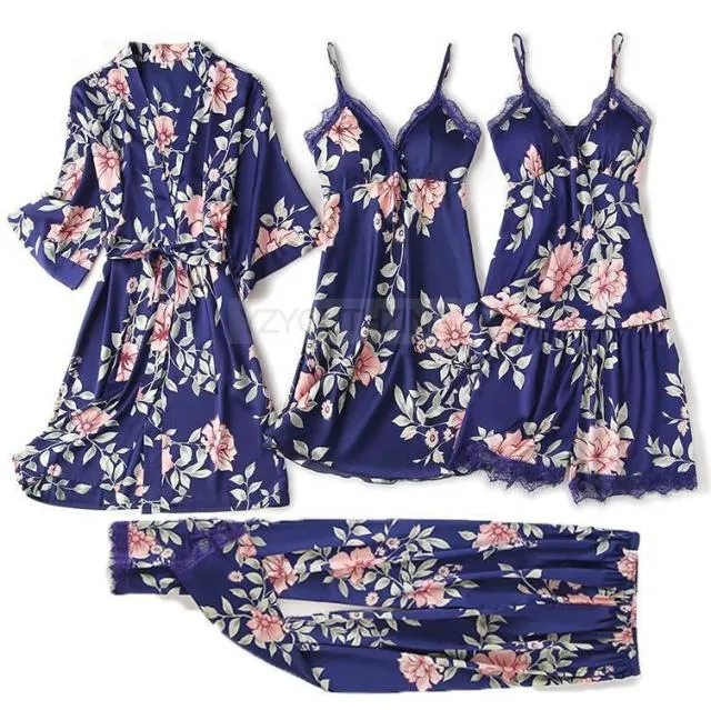 VenusFox Pajama Set Women Lace Trim Satin Sleepwear Pour Femme Summer Nightwear With Pants Casual Home Wear Kimono Robe Gown