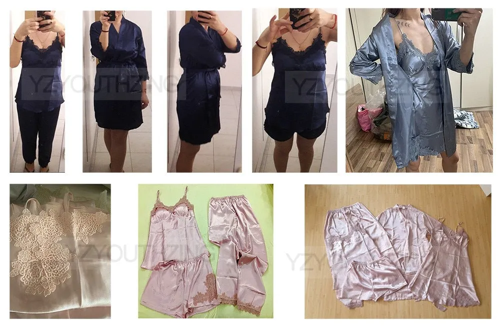 VenusFox Pajama Set Women Lace Trim Satin Sleepwear Pour Femme Summer Nightwear With Pants Casual Home Wear Kimono Robe Gown