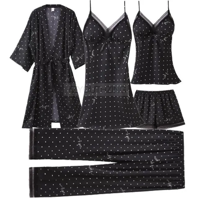 VenusFox Pajama Set Women Lace Trim Satin Sleepwear Pour Femme Summer Nightwear With Pants Casual Home Wear Kimono Robe Gown