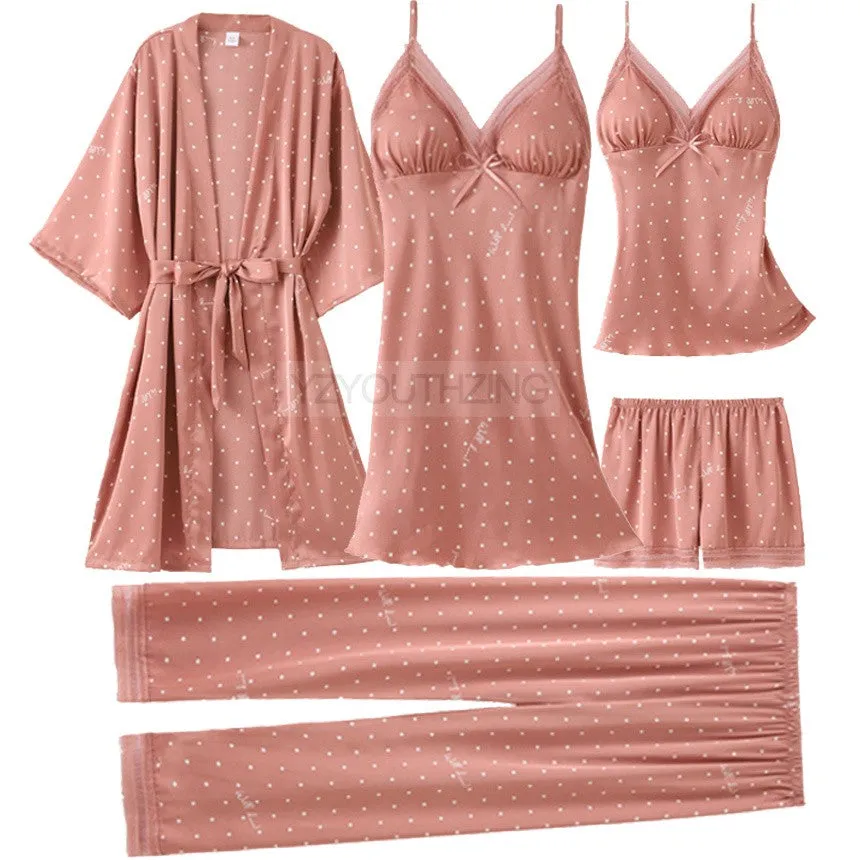 VenusFox Pajama Set Women Lace Trim Satin Sleepwear Pour Femme Summer Nightwear With Pants Casual Home Wear Kimono Robe Gown