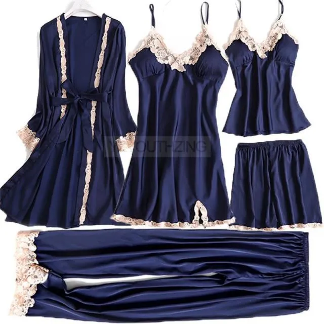 VenusFox Pajama Set Women Lace Trim Satin Sleepwear Pour Femme Summer Nightwear With Pants Casual Home Wear Kimono Robe Gown