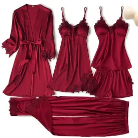 VenusFox Pajama Set Women Lace Trim Satin Sleepwear Pour Femme Summer Nightwear With Pants Casual Home Wear Kimono Robe Gown