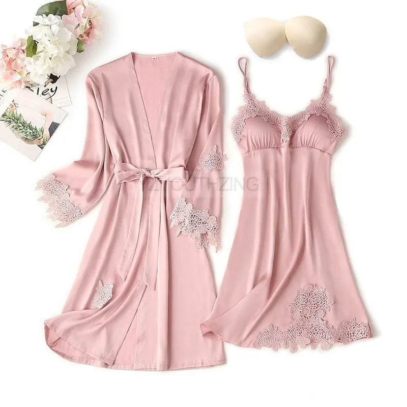 VenusFox Pajama Set Women Lace Trim Satin Sleepwear Pour Femme Summer Nightwear With Pants Casual Home Wear Kimono Robe Gown