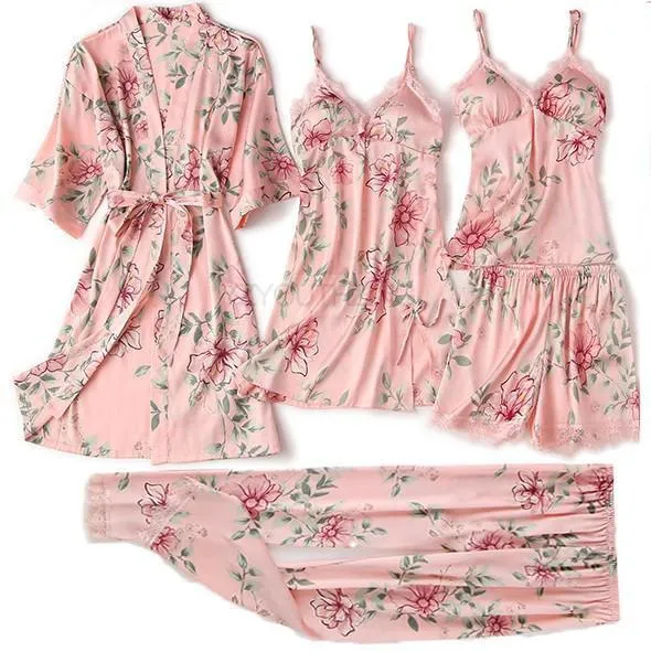 VenusFox Pajama Set Women Lace Trim Satin Sleepwear Pour Femme Summer Nightwear With Pants Casual Home Wear Kimono Robe Gown