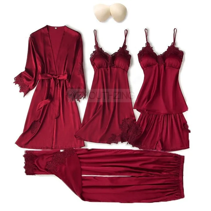 VenusFox Pajama Set Women Lace Trim Satin Sleepwear Pour Femme Summer Nightwear With Pants Casual Home Wear Kimono Robe Gown