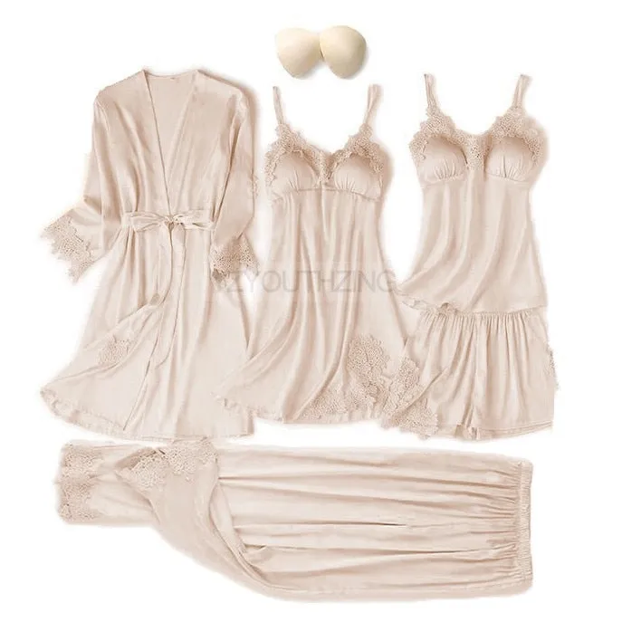VenusFox Pajama Set Women Lace Trim Satin Sleepwear Pour Femme Summer Nightwear With Pants Casual Home Wear Kimono Robe Gown