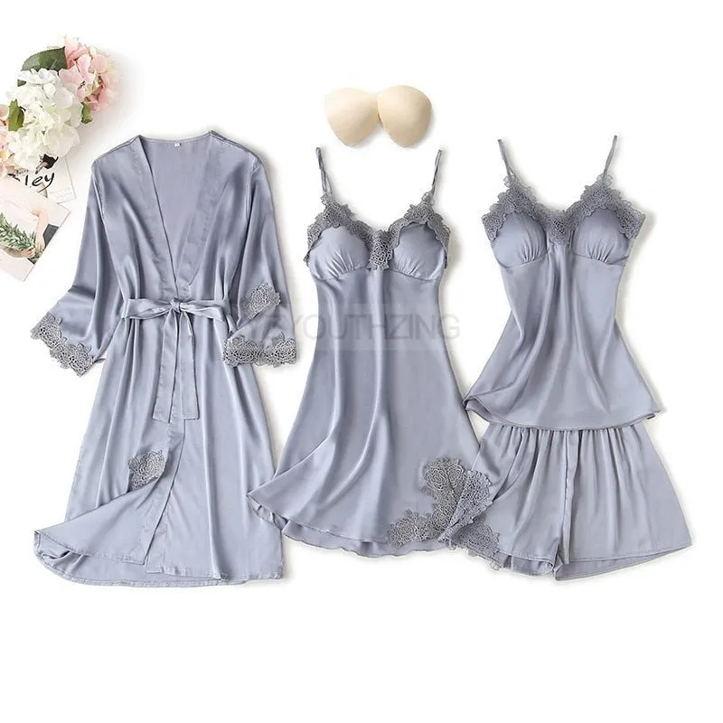 VenusFox Pajama Set Women Lace Trim Satin Sleepwear Pour Femme Summer Nightwear With Pants Casual Home Wear Kimono Robe Gown
