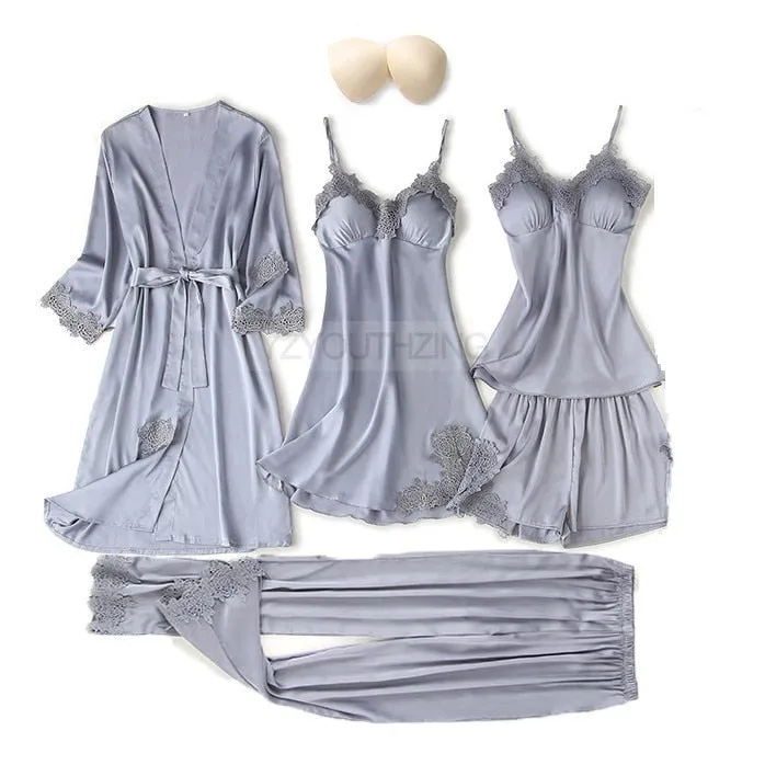 VenusFox Pajama Set Women Lace Trim Satin Sleepwear Pour Femme Summer Nightwear With Pants Casual Home Wear Kimono Robe Gown